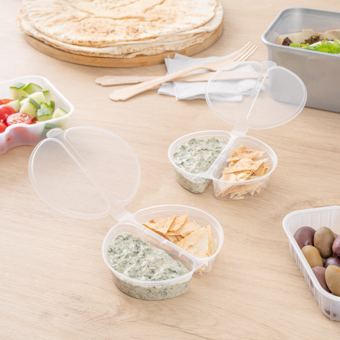 Futura 6 oz Clear Plastic Snack / Condiment Container - with Lid, 2-Compartment, Microwavable - 4" x 3 1/4" x 1" - 100 count box