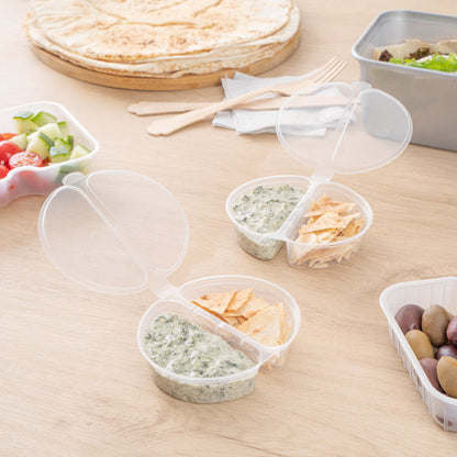 Futura 6 oz Clear Plastic Snack / Condiment Container - with Lid, 2-Compartment, Microwavable - 4" x 3 1/4" x 1" - 100 count box