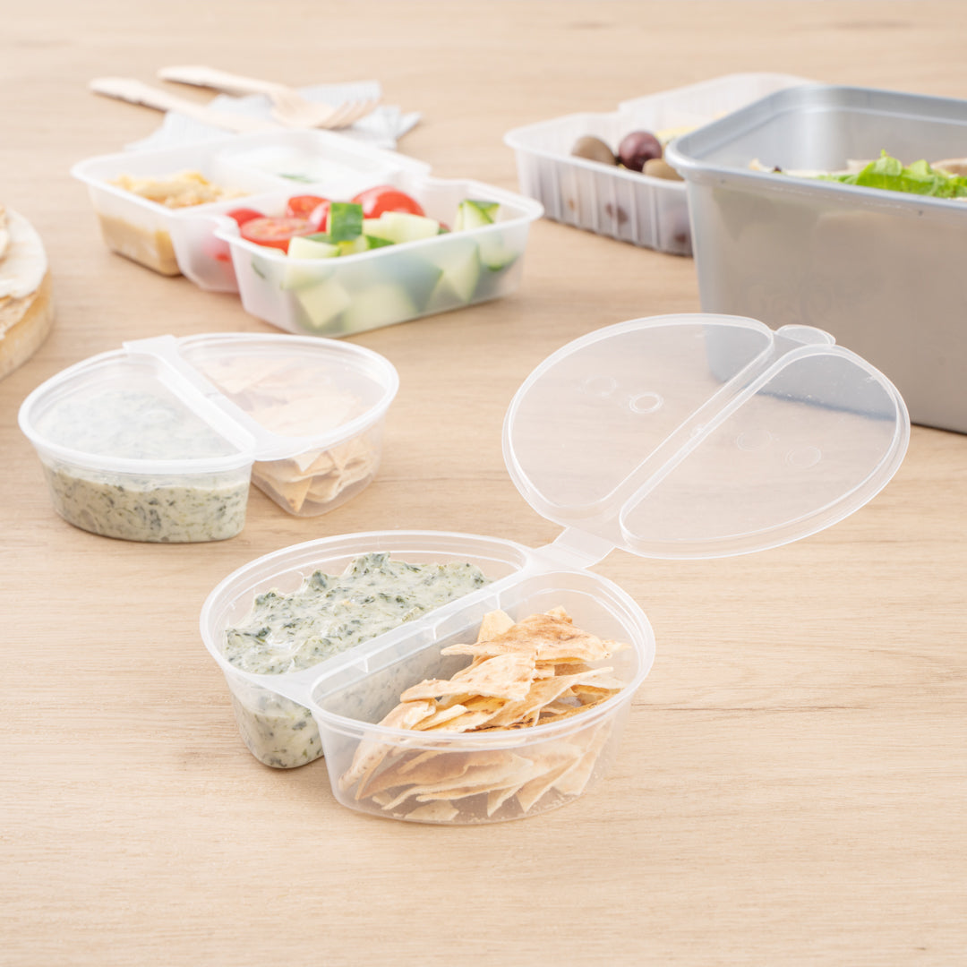 Futura 6 oz Clear Plastic Snack / Condiment Container - with Lid, 2-Compartment, Microwavable - 4" x 3 1/4" x 1" - 100 count box