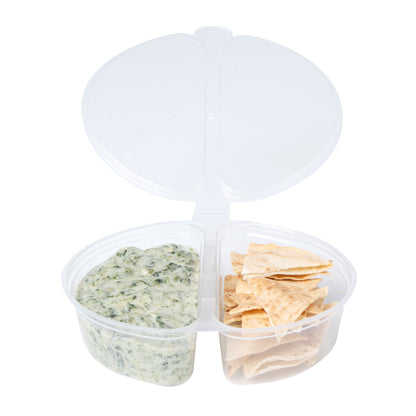 Futura 6 oz Clear Plastic Snack / Condiment 2-Compartment Container - with Lid, Microwavable - 4" x 3 3/4" x 1" - 500 count box