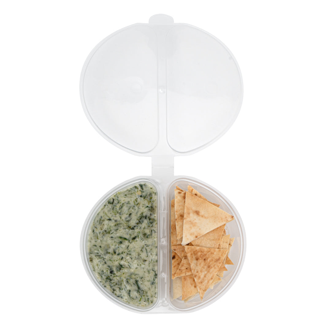 Futura 6 oz Clear Plastic Snack / Condiment 2-Compartment Container - with Lid, Microwavable - 4" x 3 3/4" x 1" - 500 count box