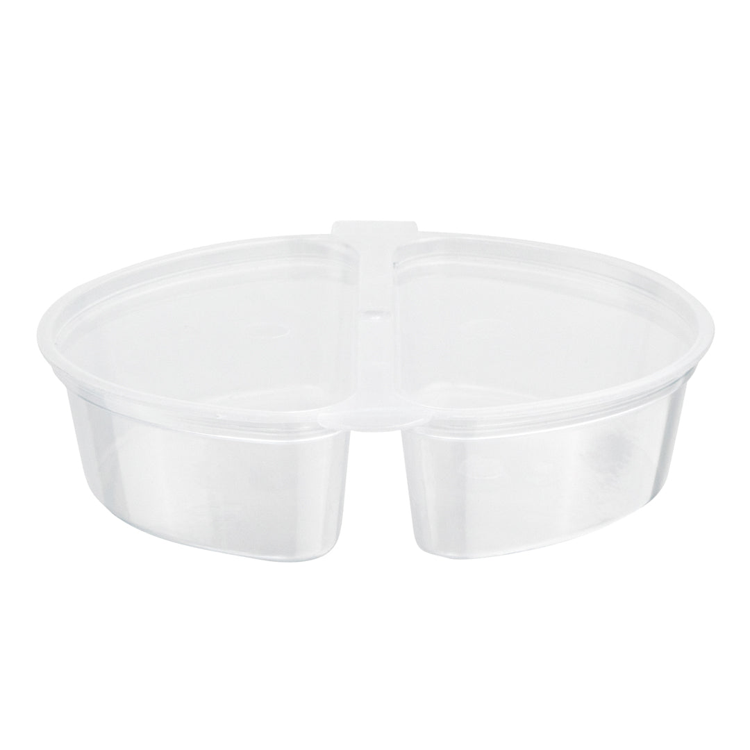 Futura 6 oz Clear Plastic Snack / Condiment 2-Compartment Container - with Lid, Microwavable - 4" x 3 3/4" x 1" - 500 count box