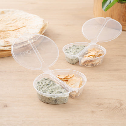 Futura 6 oz Clear Plastic Snack / Condiment 2-Compartment Container - with Lid, Microwavable - 4" x 3 3/4" x 1" - 500 count box