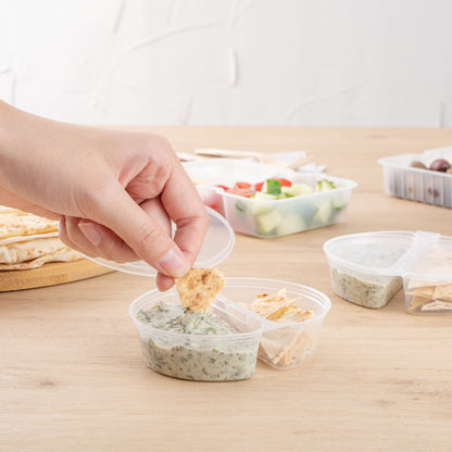 Futura 6 oz Clear Plastic Snack / Condiment 2-Compartment Container - with Lid, Microwavable - 4" x 3 3/4" x 1" - 500 count box