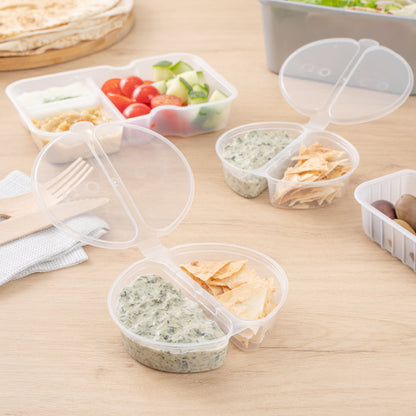 Futura 6 oz Clear Plastic Snack / Condiment 2-Compartment Container - with Lid, Microwavable - 4" x 3 3/4" x 1" - 500 count box