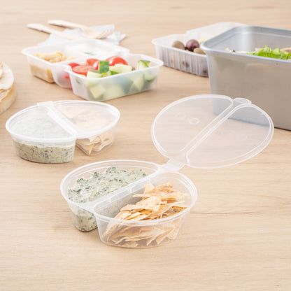 Futura 6 oz Clear Plastic Snack / Condiment 2-Compartment Container - with Lid, Microwavable - 4" x 3 3/4" x 1" - 500 count box