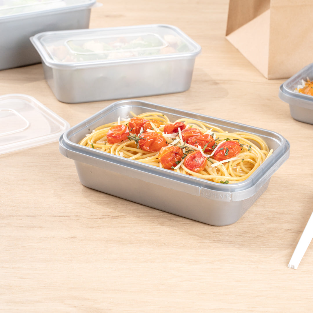 Futura 24 oz Silver Plastic Tamper-Evident Container - with Clear Lid, Microwavable - 7" x 4 3/4" x 1 3/4" - 100 count box