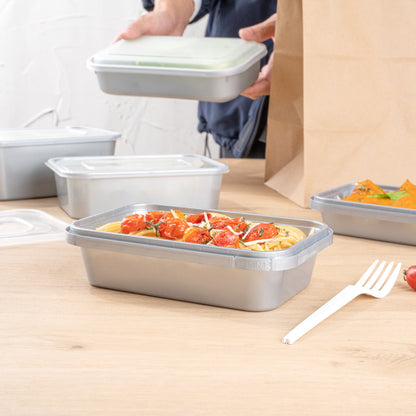 Futura 24 oz Silver Plastic Tamper-Evident Container - with Clear Lid, Microwavable - 7" x 4 3/4" x 1 3/4" - 100 count box