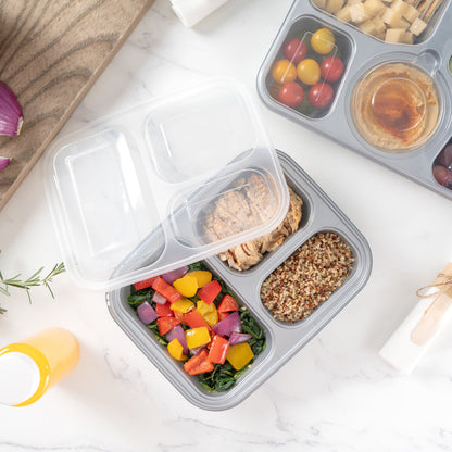 Futura 30 oz Silver Plastic Tamper-Evident 3-Compartment Container - with Clear Lid, Microwavable - 9 1/2" x 7 1/4" x 2" - 100 count box