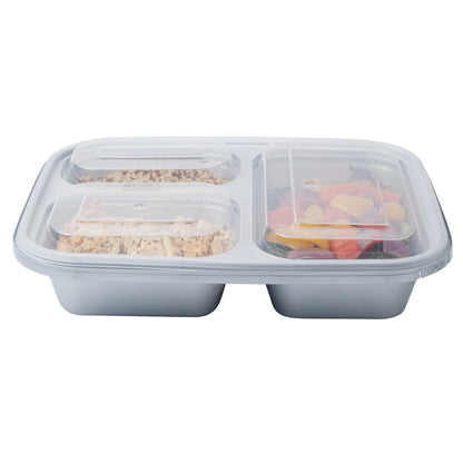 Futura 30 oz Silver Plastic Tamper-Evident 3-Compartment Container - with Clear Lid, Microwavable - 9 1/2" x 7 1/4" x 2" - 100 count box