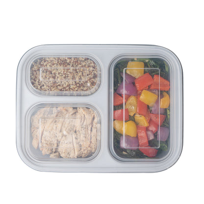 Futura 30 oz Silver Plastic Tamper-Evident 3-Compartment Container - with Clear Lid, Microwavable - 9 1/2" x 7 1/4" x 2" - 100 count box