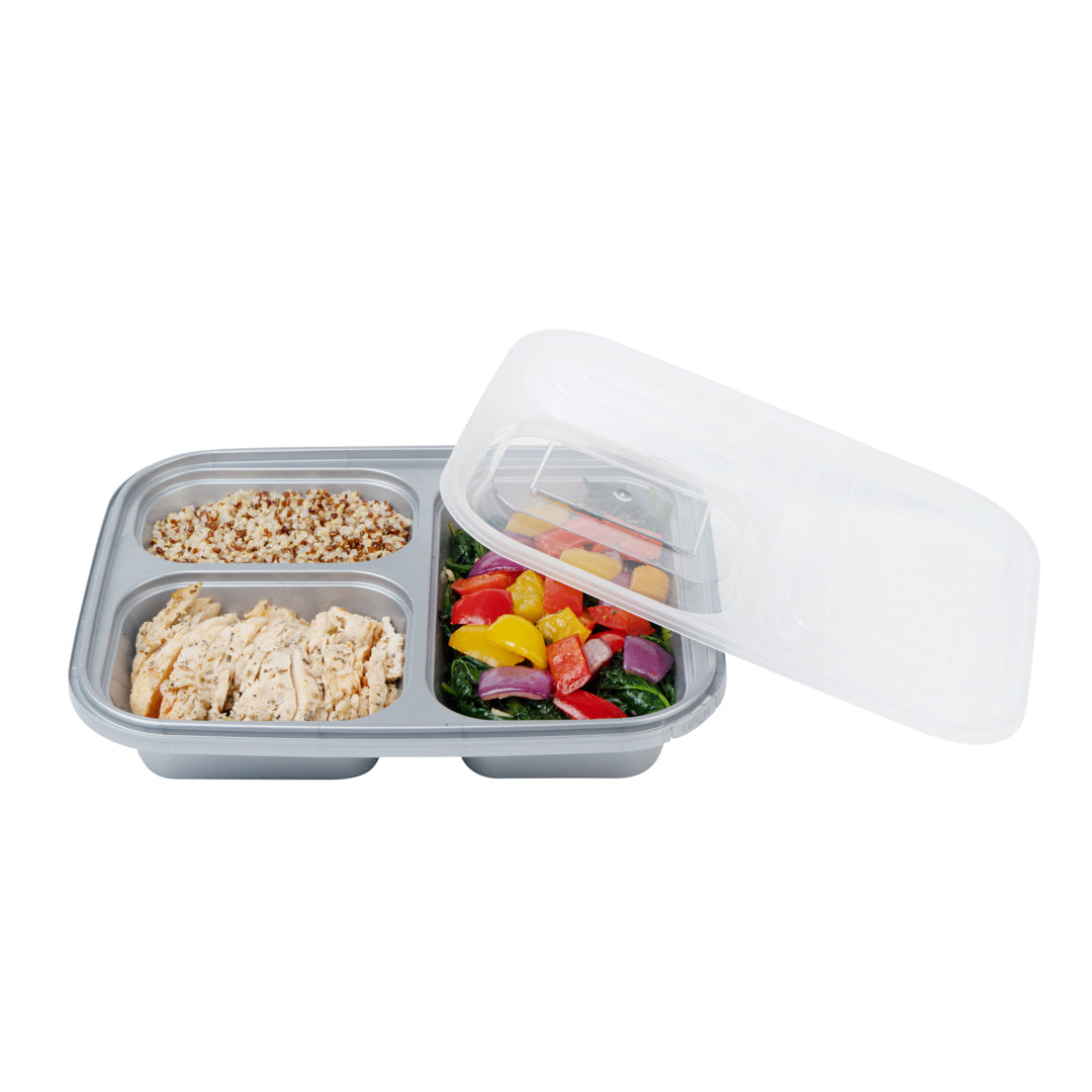 Futura 30 oz Silver Plastic Tamper-Evident 3-Compartment Container - with Clear Lid, Microwavable - 9 1/2" x 7 1/4" x 2" - 100 count box