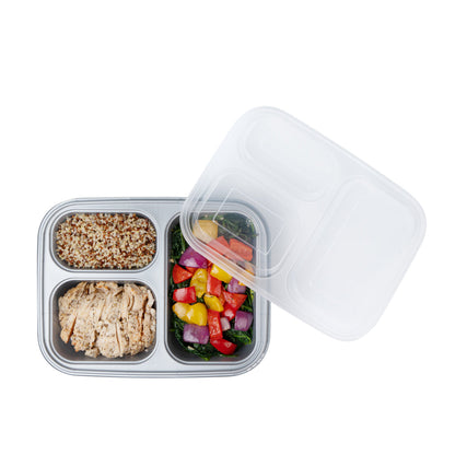 Futura 30 oz Silver Plastic Tamper-Evident 3-Compartment Container - with Clear Lid, Microwavable - 9 1/2" x 7 1/4" x 2" - 100 count box
