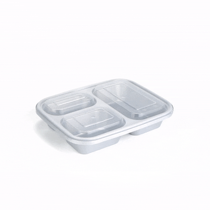 Futura 30 oz Silver Plastic Tamper-Evident 3-Compartment Container - with Clear Lid, Microwavable - 9 1/2" x 7 1/4" x 2" - 100 count box