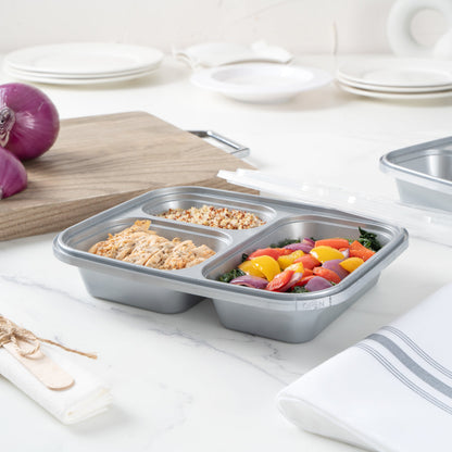 Futura 30 oz Silver Plastic Tamper-Evident 3-Compartment Container - with Clear Lid, Microwavable - 9 1/2" x 7 1/4" x 2" - 100 count box
