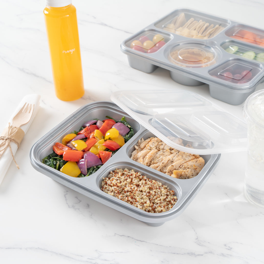 Futura 30 oz Silver Plastic Tamper-Evident 3-Compartment Container - with Clear Lid, Microwavable - 9 1/2" x 7 1/4" x 2" - 100 count box