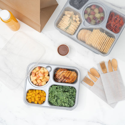 Futura 57 oz Silver Plastic Tamper-Evident 4-Compartment Container - with Clear Lid, Microwavable - 9 3/4" x 7 3/4" x 2" - 100 count box