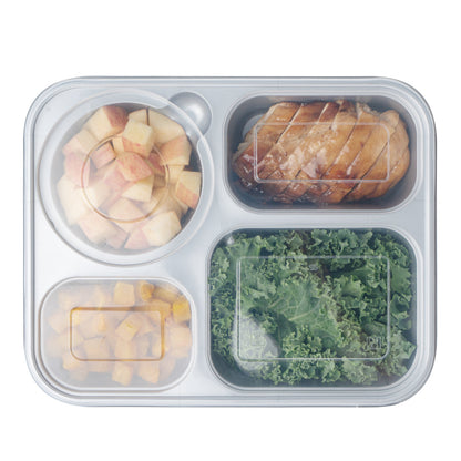 Futura 57 oz Silver Plastic Tamper-Evident 4-Compartment Container - with Clear Lid, Microwavable - 9 3/4" x 7 3/4" x 2" - 100 count box