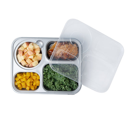Futura 57 oz Silver Plastic Tamper-Evident 4-Compartment Container - with Clear Lid, Microwavable - 9 3/4" x 7 3/4" x 2" - 100 count box