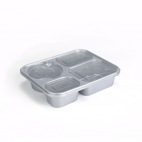 Futura 57 oz Silver Plastic Tamper-Evident 4-Compartment Container - with Clear Lid, Microwavable - 9 3/4" x 7 3/4" x 2" - 100 count box