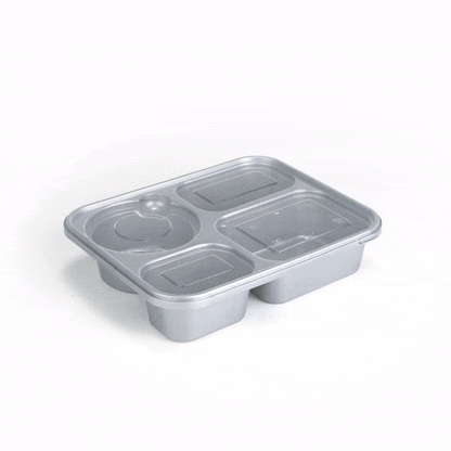 Futura 57 oz Silver Plastic Tamper-Evident 4-Compartment Container - with Clear Lid, Microwavable - 9 3/4" x 7 3/4" x 2" - 100 count box