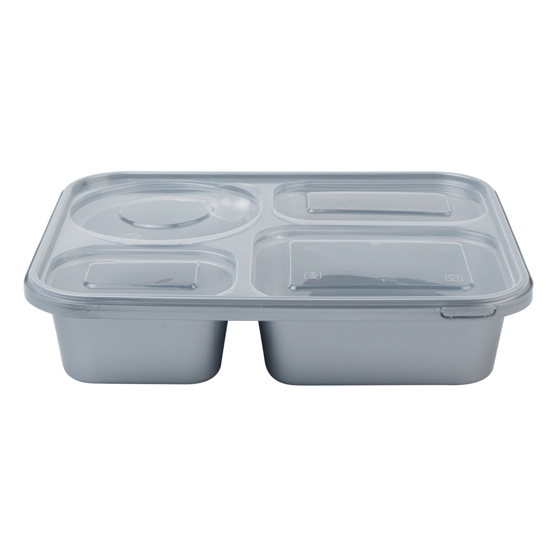 Futura 57 oz Silver Plastic Tamper-Evident 4-Compartment Container - with Clear Lid, Microwavable - 9 3/4" x 7 3/4" x 2" - 100 count box