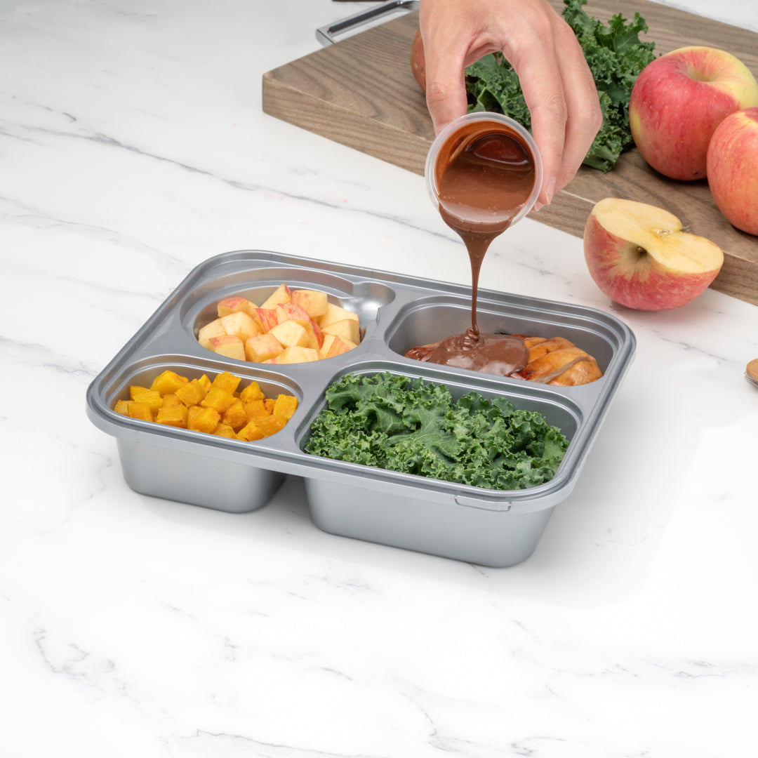 Futura 57 oz Silver Plastic Tamper-Evident 4-Compartment Container - with Clear Lid, Microwavable - 9 3/4" x 7 3/4" x 2" - 100 count box