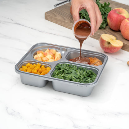 Futura 57 oz Silver Plastic Tamper-Evident 4-Compartment Container - with Clear Lid, Microwavable - 9 3/4" x 7 3/4" x 2" - 100 count box