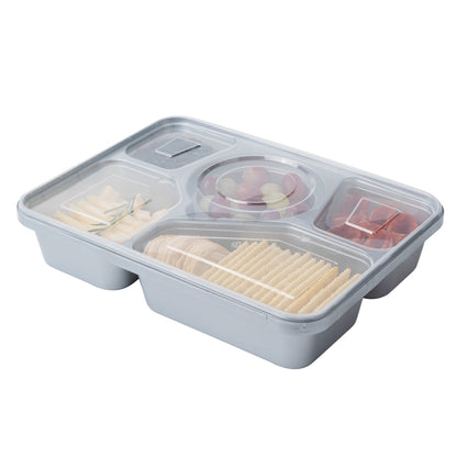 Futura 63 oz Silver Plastic Tamper-Evident 5-Compartment Container - with Clear Lid, Microwavable - 10 1/2" x 7 3/4" x 2" - 100 count box