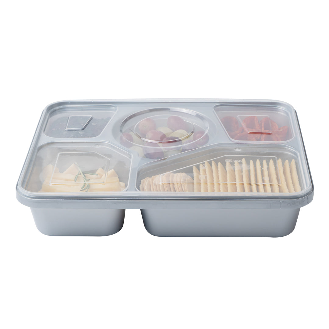 Futura 63 oz Silver Plastic Tamper-Evident 5-Compartment Container - with Clear Lid, Microwavable - 10 1/2" x 7 3/4" x 2" - 100 count box