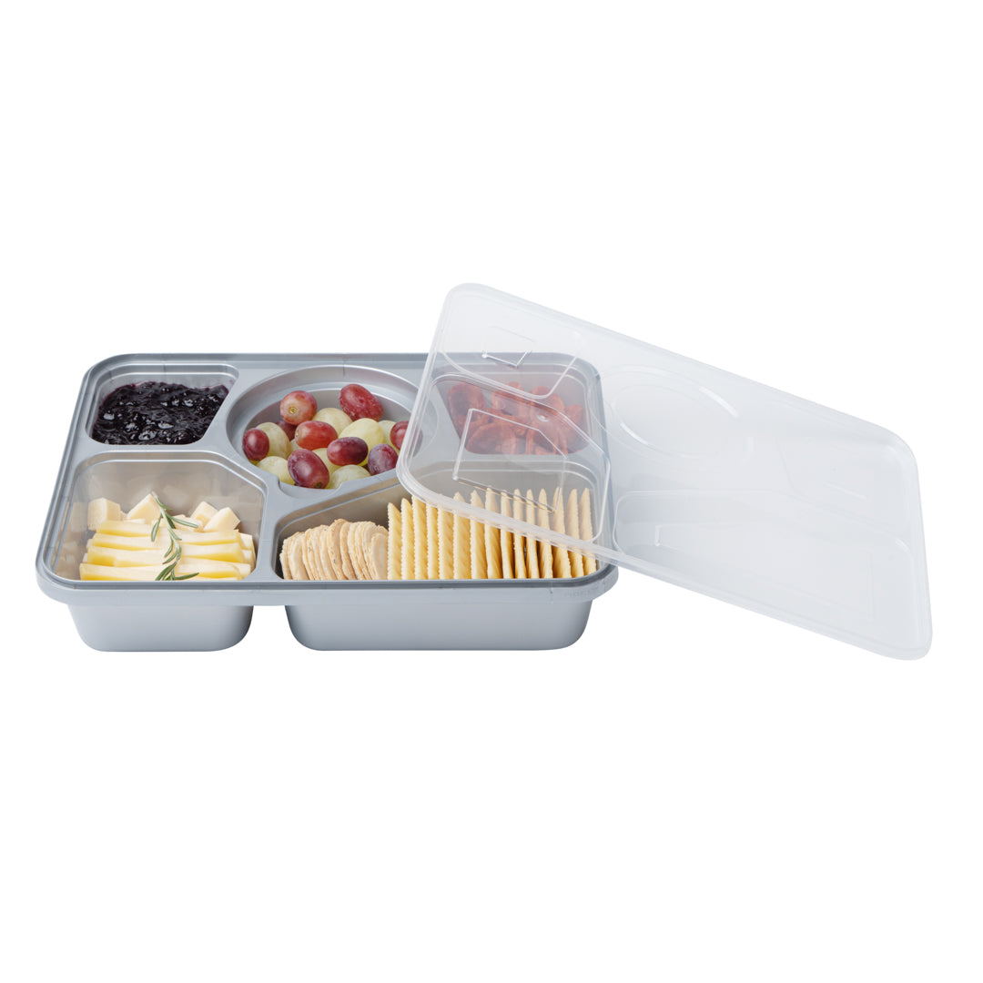 Futura 63 oz Silver Plastic Tamper-Evident 5-Compartment Container - with Clear Lid, Microwavable - 10 1/2" x 7 3/4" x 2" - 100 count box