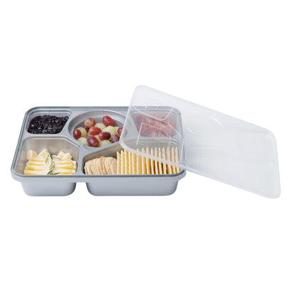 Futura 63 oz Silver Plastic Tamper-Evident 5-Compartment Container - with Clear Lid, Microwavable - 10 1/2" x 7 3/4" x 2" - 100 count box