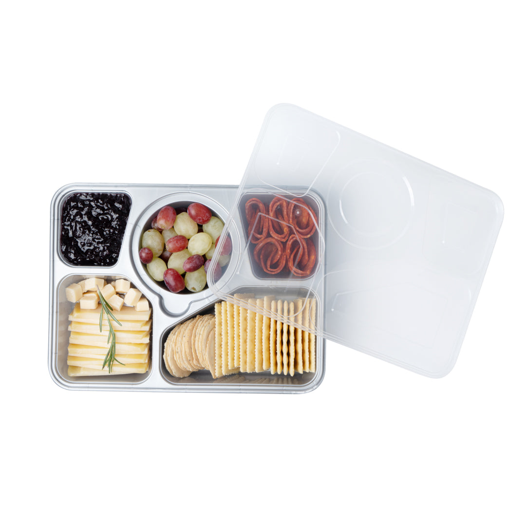Futura 63 oz Silver Plastic Tamper-Evident 5-Compartment Container - with Clear Lid, Microwavable - 10 1/2" x 7 3/4" x 2" - 100 count box