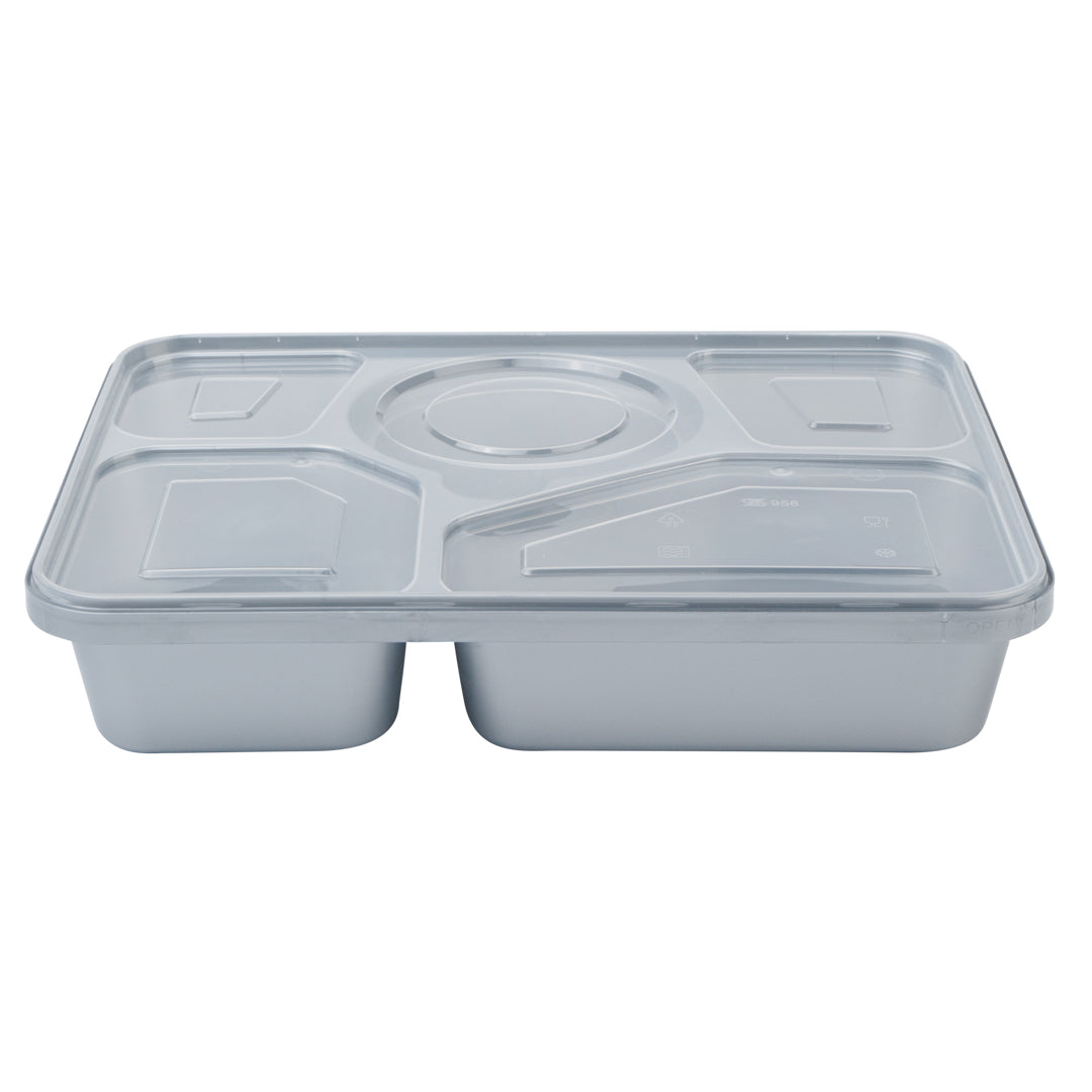 Futura 63 oz Silver Plastic Tamper-Evident 5-Compartment Container - with Clear Lid, Microwavable - 10 1/2" x 7 3/4" x 2" - 100 count box