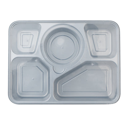 Futura 63 oz Silver Plastic Tamper-Evident 5-Compartment Container - with Clear Lid, Microwavable - 10 1/2" x 7 3/4" x 2" - 100 count box