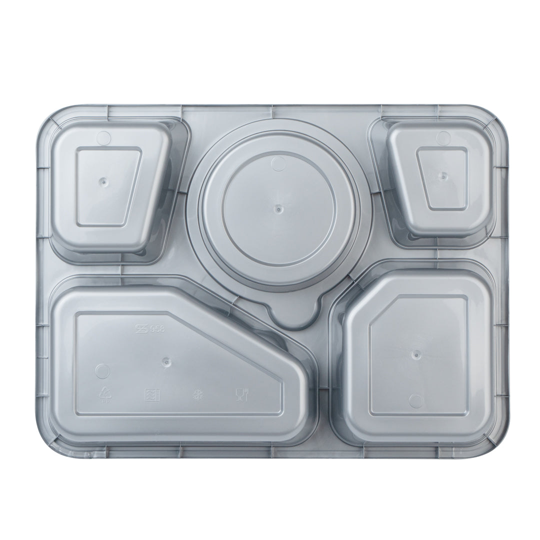 Futura 63 oz Silver Plastic Tamper-Evident 5-Compartment Container - with Clear Lid, Microwavable - 10 1/2" x 7 3/4" x 2" - 100 count box