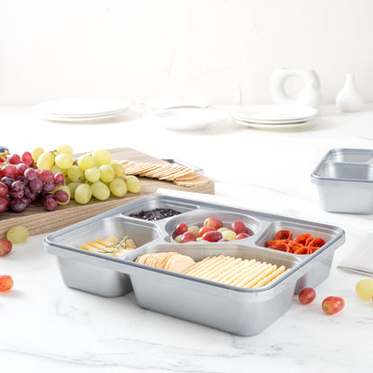 Futura 63 oz Silver Plastic Tamper-Evident 5-Compartment Container - with Clear Lid, Microwavable - 10 1/2" x 7 3/4" x 2" - 100 count box