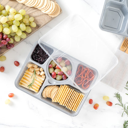 Futura 63 oz Silver Plastic Tamper-Evident 5-Compartment Container - with Clear Lid, Microwavable - 10 1/2" x 7 3/4" x 2" - 100 count box