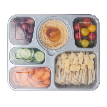 Futura 51 oz Silver Plastic Tamper-Evident 6-Compartment Container - with Clear Lid, Microwavable - 10 1/2" x 7 3/4" x 2" - 100 count box