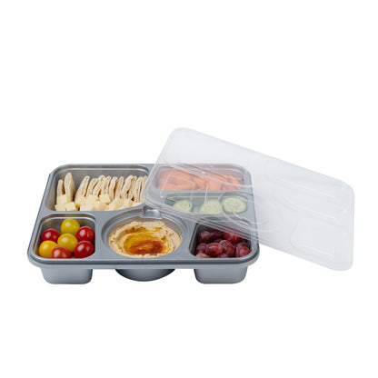 Futura 51 oz Silver Plastic Tamper-Evident 6-Compartment Container - with Clear Lid, Microwavable - 10 1/2" x 7 3/4" x 2" - 100 count box