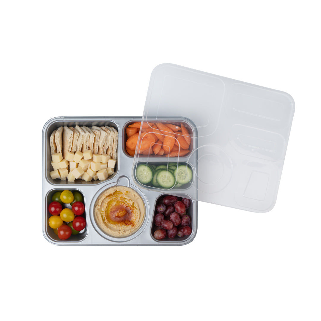 Futura 51 oz Silver Plastic Tamper-Evident 6-Compartment Container - with Clear Lid, Microwavable - 10 1/2" x 7 3/4" x 2" - 100 count box
