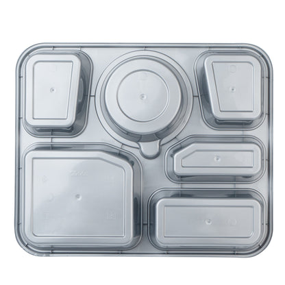 Futura 51 oz Silver Plastic Tamper-Evident 6-Compartment Container - with Clear Lid, Microwavable - 10 1/2" x 7 3/4" x 2" - 100 count box