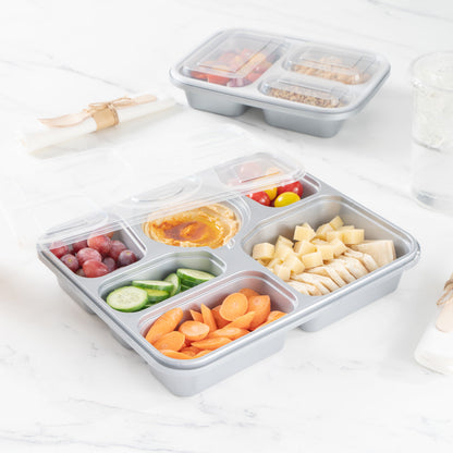 Futura 51 oz Silver Plastic Tamper-Evident 6-Compartment Container - with Clear Lid, Microwavable - 10 1/2" x 7 3/4" x 2" - 100 count box