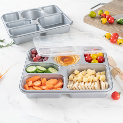 Futura 51 oz Silver Plastic Tamper-Evident 6-Compartment Container - with Clear Lid, Microwavable - 10 1/2" x 7 3/4" x 2" - 100 count box