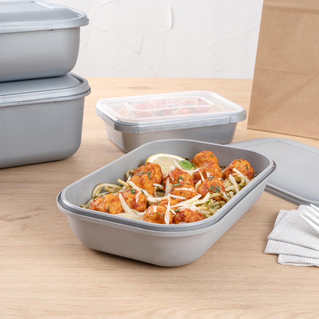 Futura 34 oz Matte Gray Plastic Tamper-Evident Take Out Container - with Lid, Microwavable - 8 3/4" x 6" x 2 1/4" - 100 count box