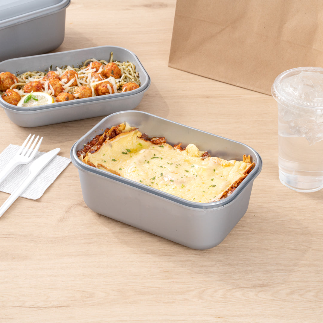 Futura 68 oz Matte Gray Plastic Tamper-Evident Take Out Container - with Lid, Microwavable - 8 3/4" x 6" x 3 3/4" - 100 count box