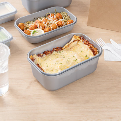 Futura 68 oz Matte Gray Plastic Tamper-Evident Take Out Container - with Lid, Microwavable - 8 3/4" x 6" x 3 3/4" - 100 count box
