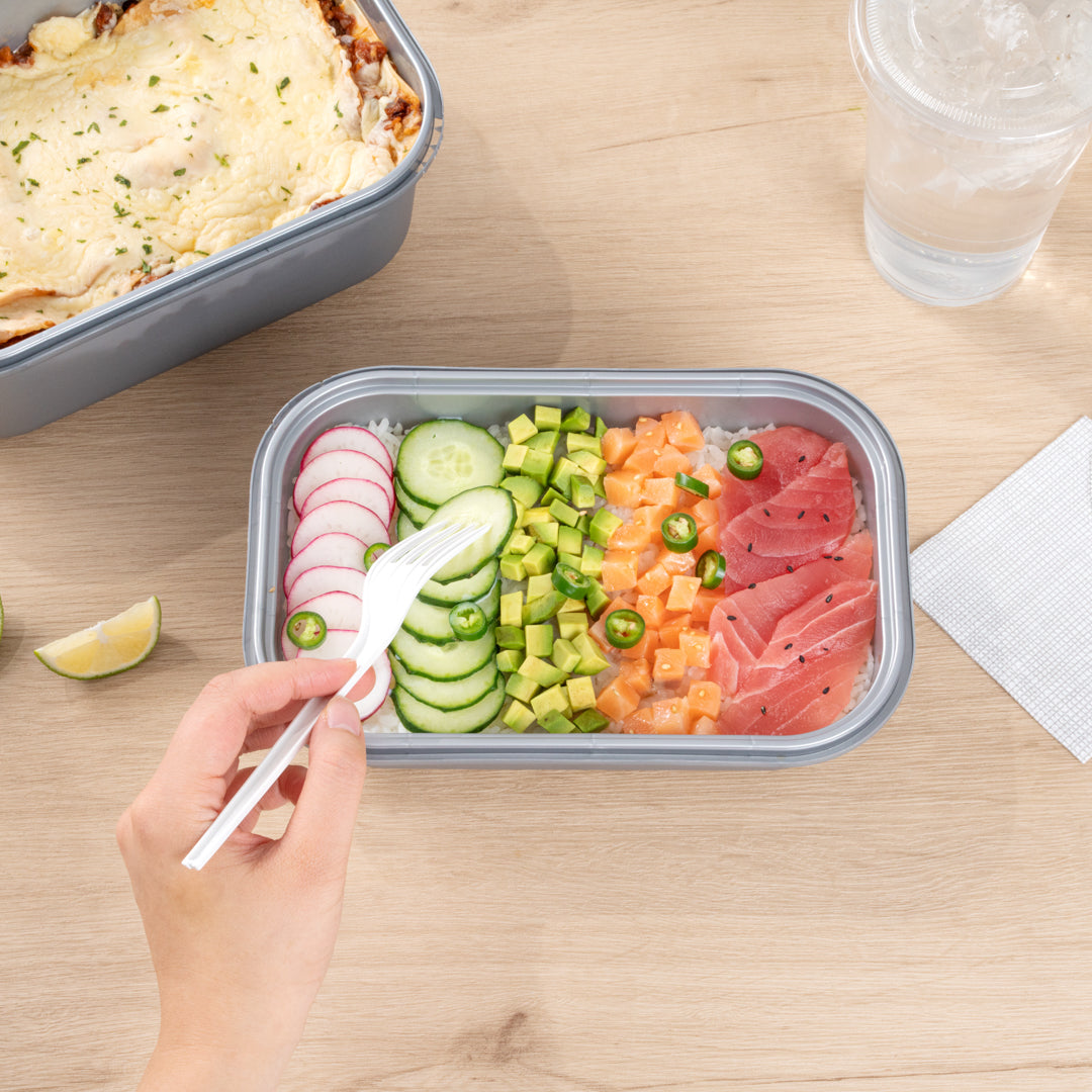 Futura 46 oz Matte Gray Plastic Tamper-Evident Container - with Lid, Microwavable, Inserts Available - 8 3/4" x 6" x 3" - 100 count box