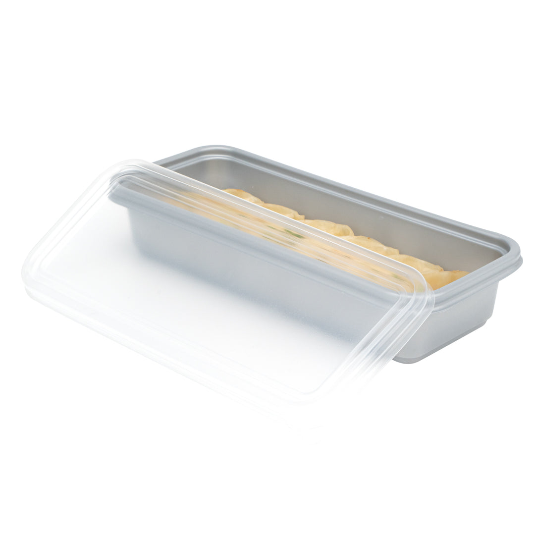 Futura 20 oz Silver Plastic Catering Container - with Clear Lid, Microwavable - 8 3/4" x 3 3/4" x 1 3/4" - 100 count box