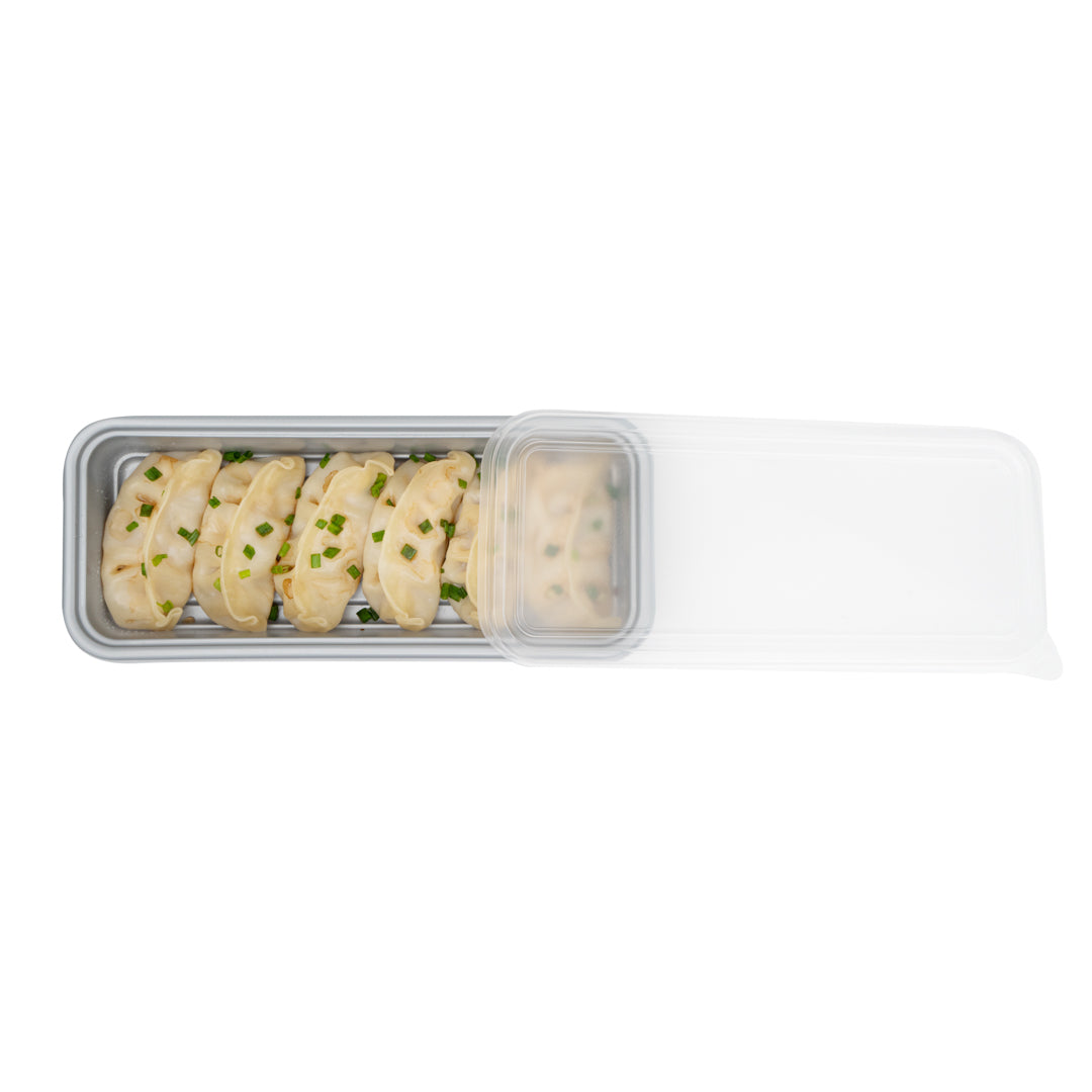 Futura 20 oz Silver Plastic Catering Container - with Clear Lid, Microwavable - 8 3/4" x 3 3/4" x 1 3/4" - 100 count box